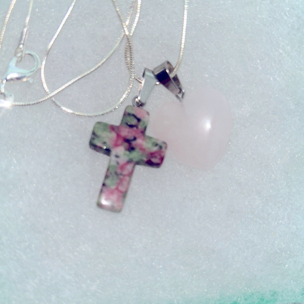 Boho Ruby in zoisite Jasper Cross & Rose Quartz Heart Silver 24” Necklace